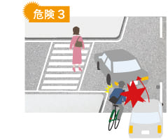 左折する車を避けようとして、後続車と衝突! 説明イラスト